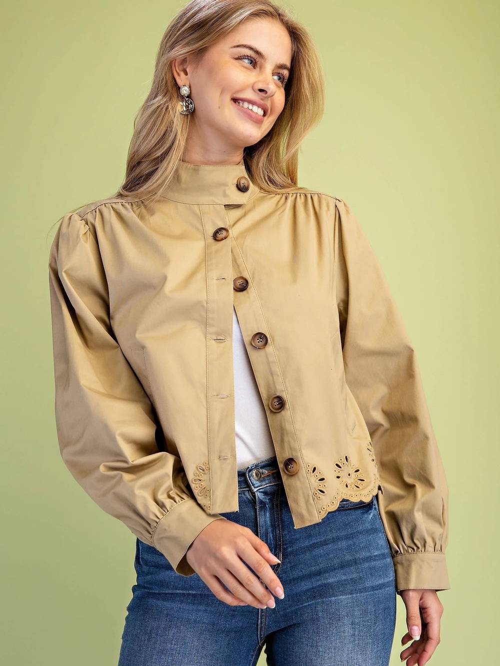 Women's Tan Button-Front Cropped Jacket